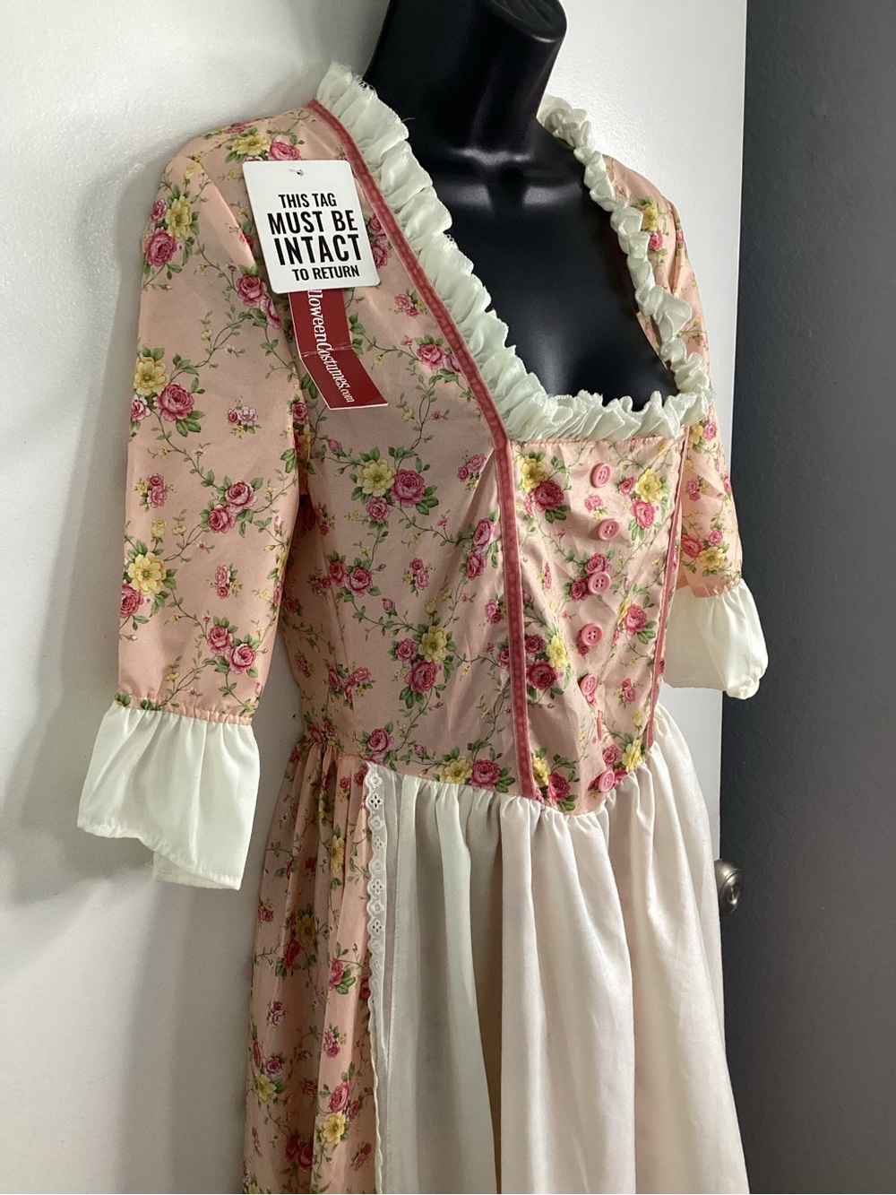 Colonial Floral Pink Ruffle-Trim Maxi Dress with Cream Skirt S